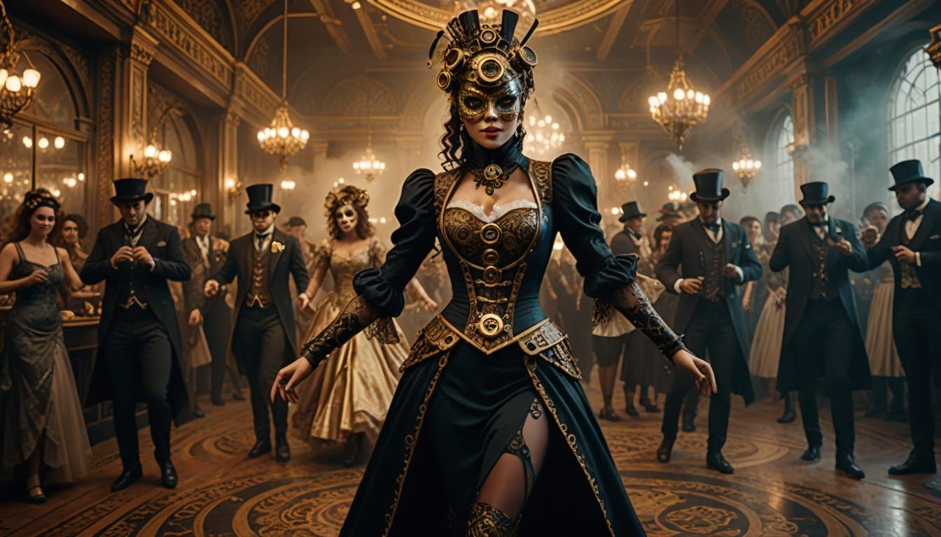 Clockwork Woman Dancing at Steampunk Masquerade