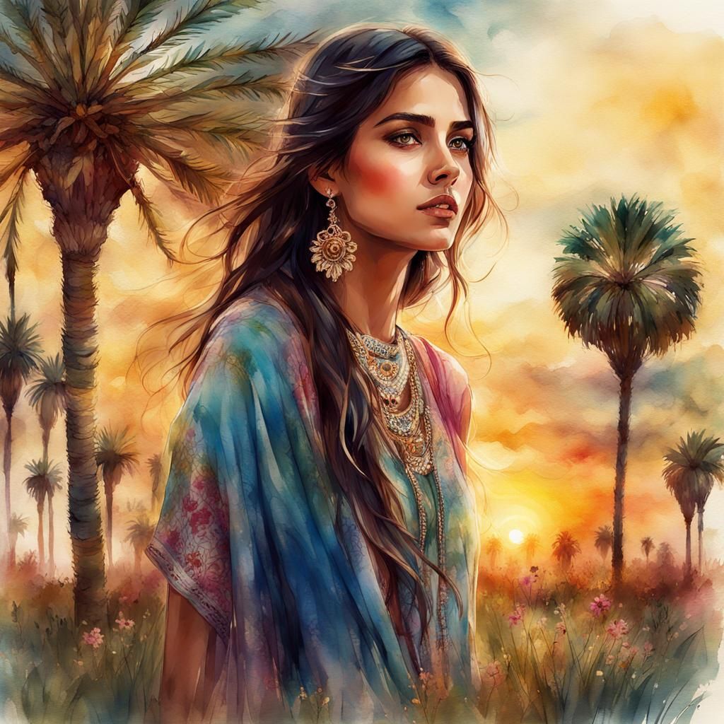 Portrait, Beautiful Arabic girl by an old palm tree