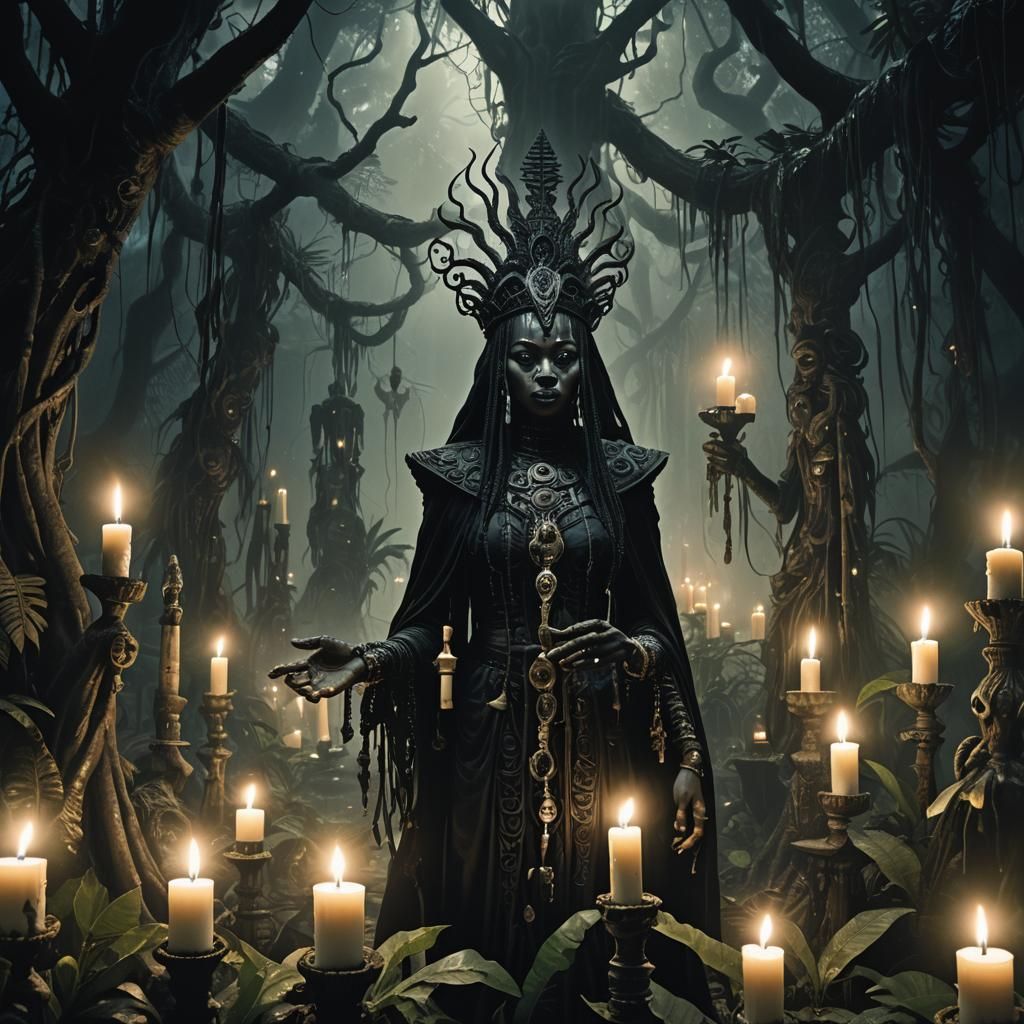 Mysterious Voodoo Priestess in Dimly Lit Jungle Sanctuary