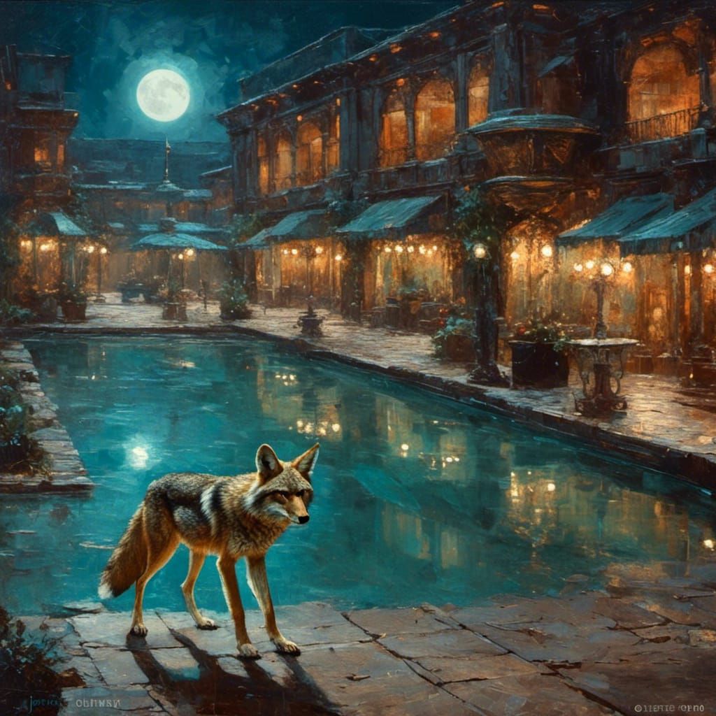 Deserted Mall: Coyote Under Full Moon, Oil Painting
