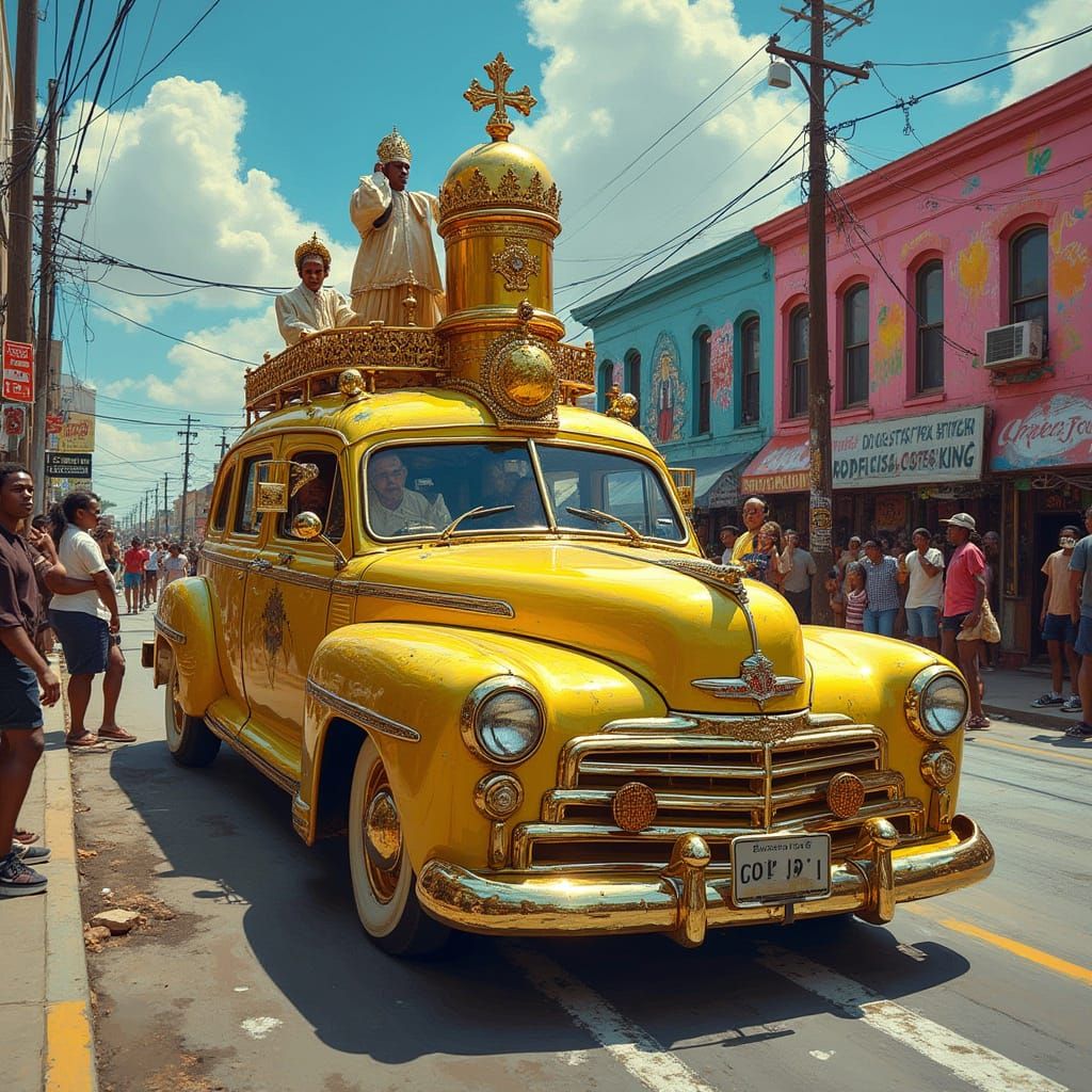 Gilded Popemobile Rolls Through Afro-Futuristic Streetscape