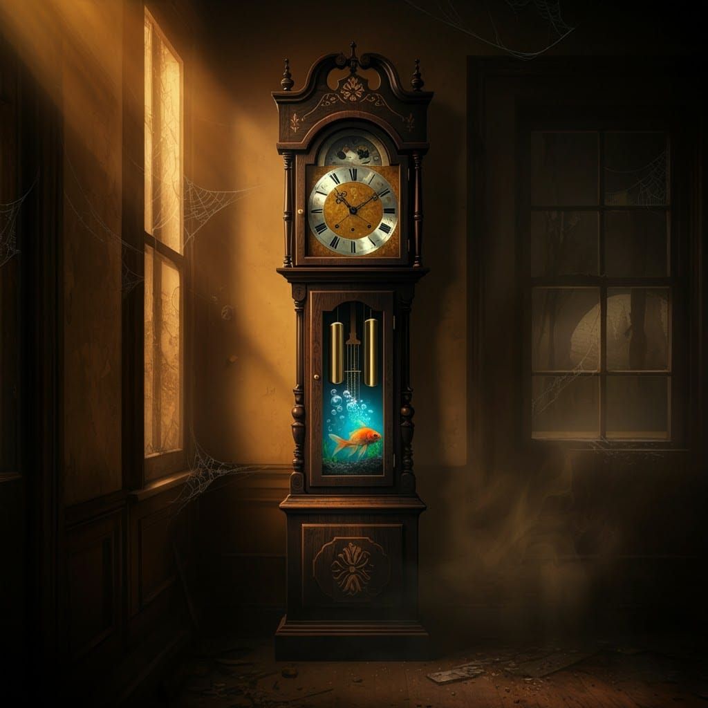 Majestic Black Walnut Grandfather Clock in Neglected Room wi...