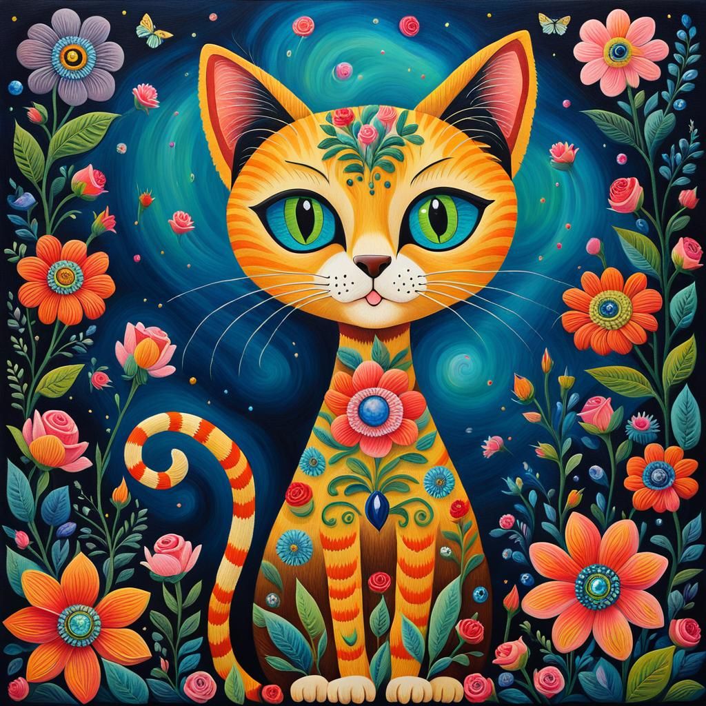 Whimsical Black Cat in a Vibrant Folk Art Scene