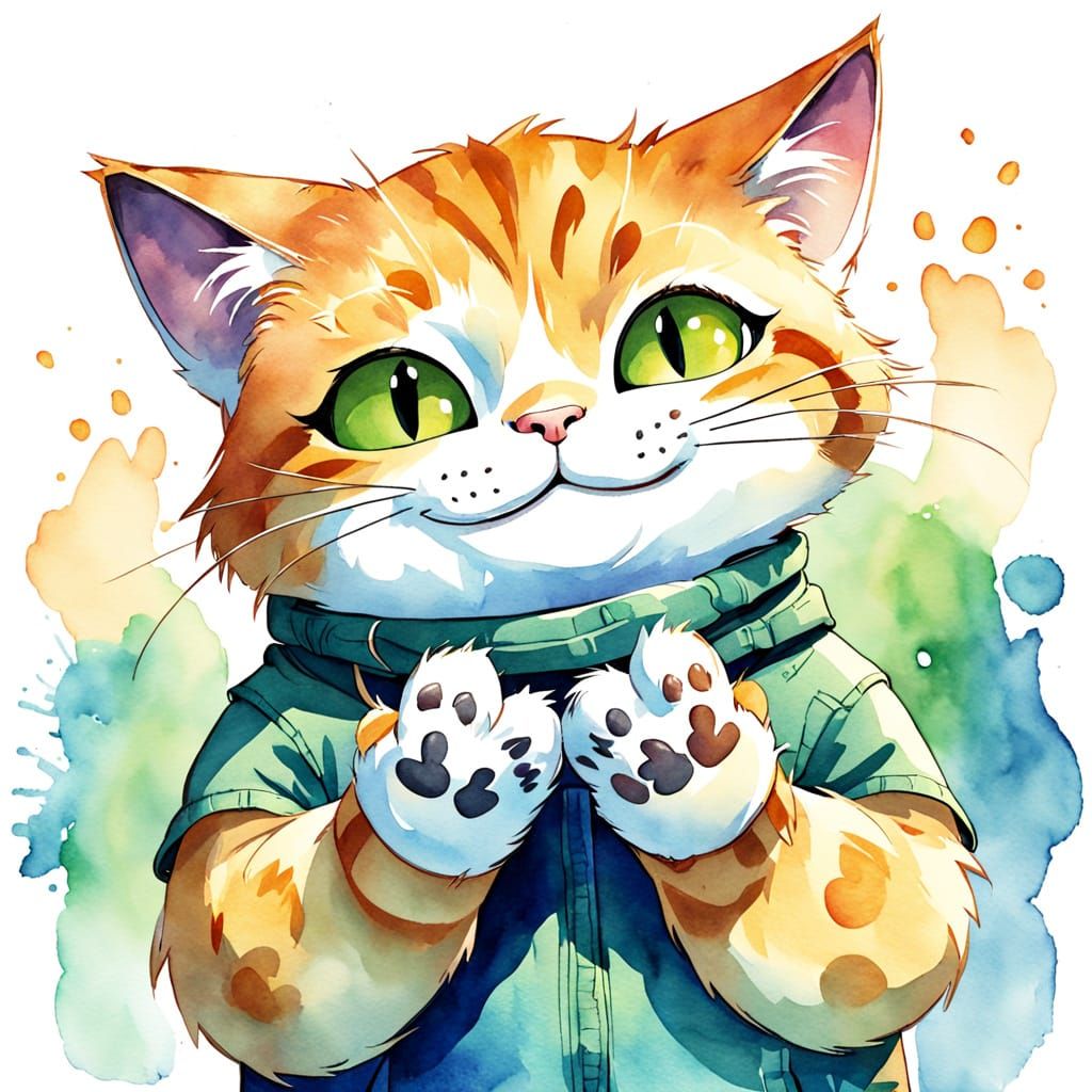 Sly Cartoon Cat with Shiny Eyes and Beggar's Look in Whimsic...