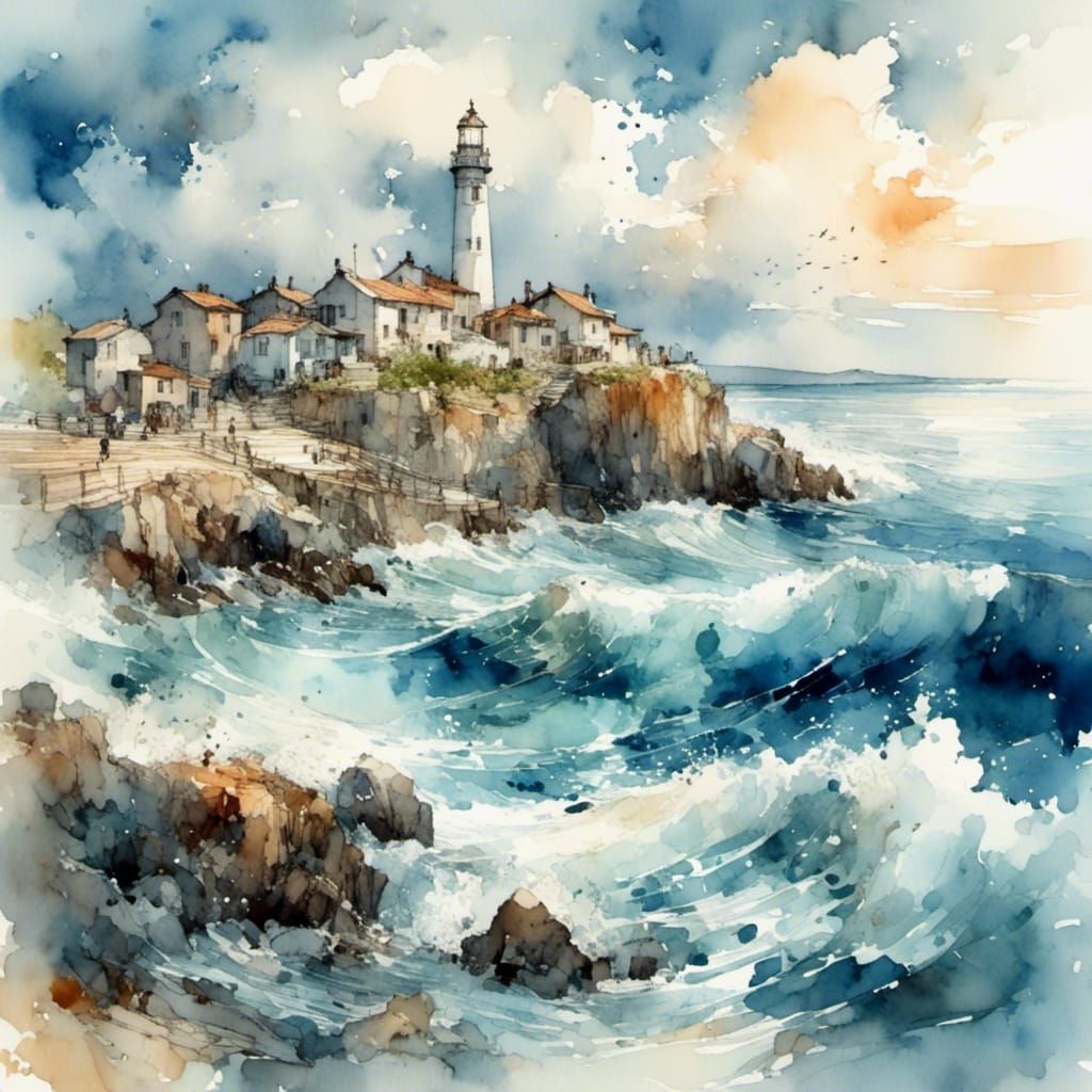 <lora:Acuarelas:1.0> small coastal town, there is a lighthouse, view from the sea, the clouds are white and blue, the se...