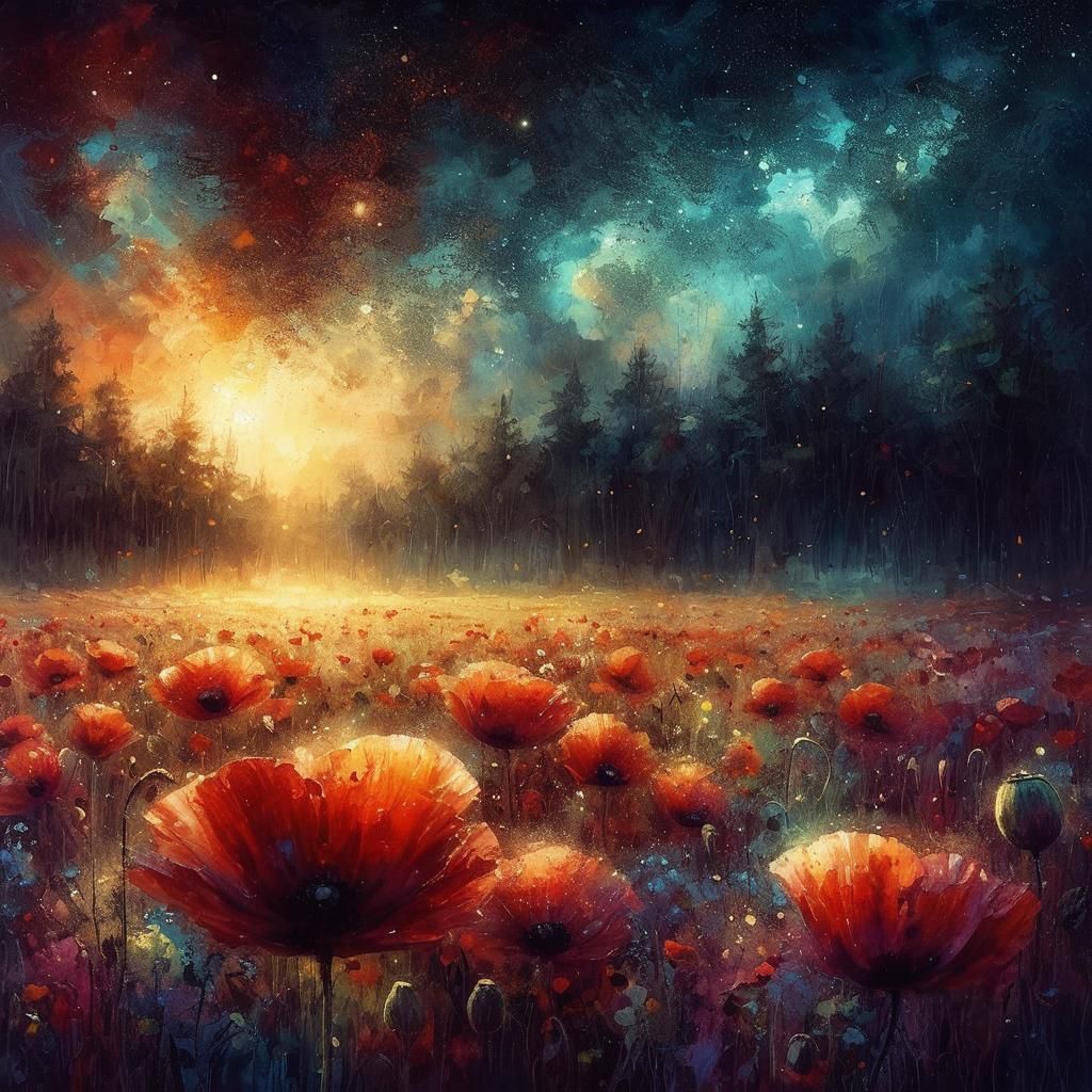 Enchanted Poppy Field in Whimsical Oil Paint Style