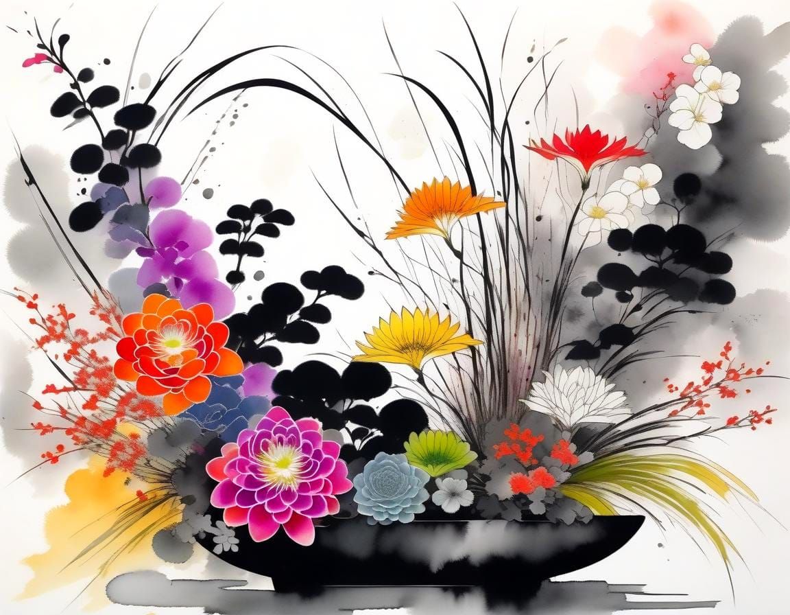 Vibrant Ikebana Flower Arrangement on Ink Wash Background