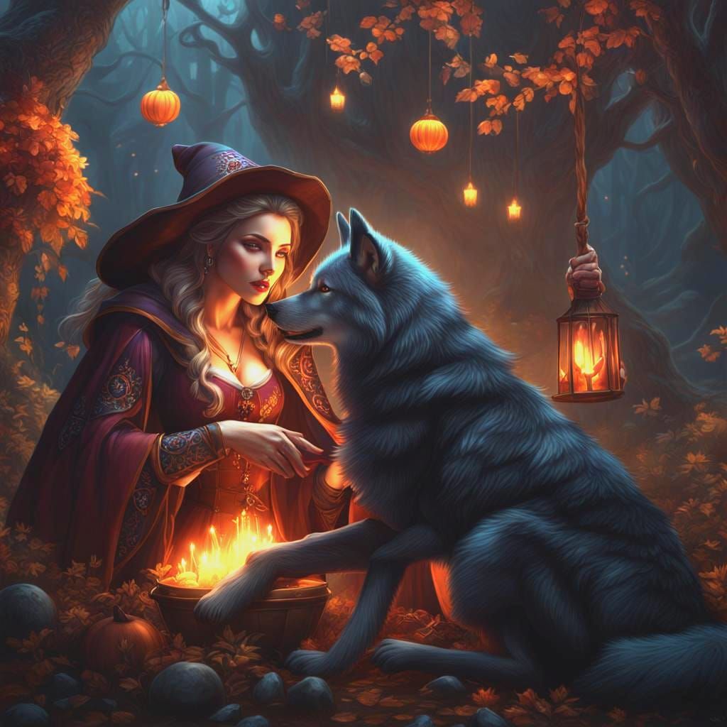 Enchanted Witch Tames Majestic Wolf in Whimsical Fantasy Rea...