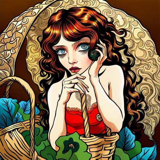 Serene Chibby Creature Examines Basket Contents with Intense...