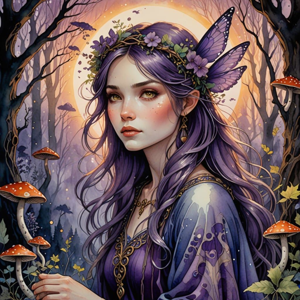 Mystical Sorceress in Whimsical Forest of Glittering Silver....