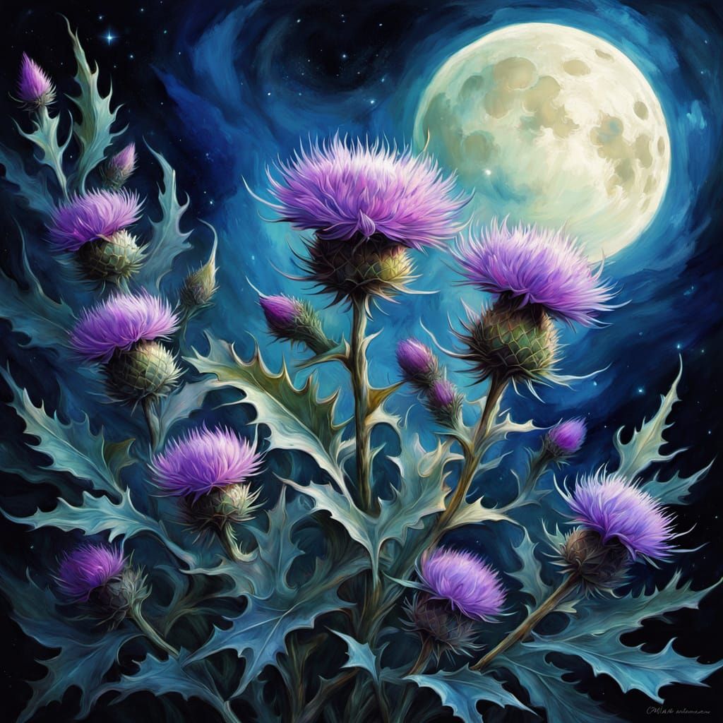 Art Nouveau Thistle Flowers Under Luminous Moon