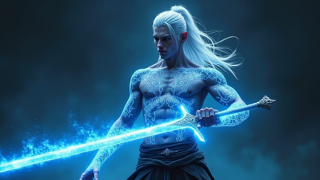 Ethereal Elf Warrior Wields Glowing Greatsword in Cyberpunk....