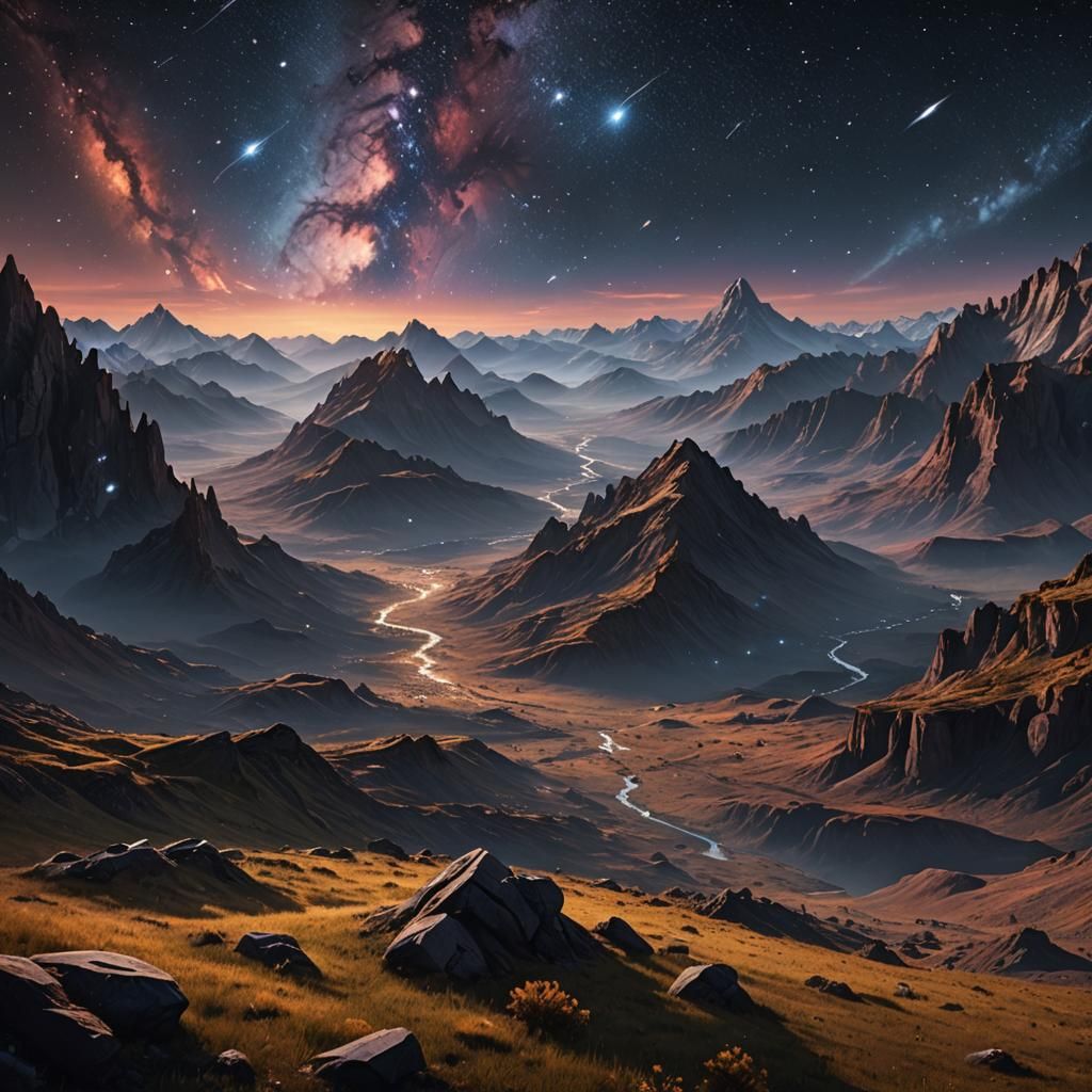 Ethereal Celestial Mountain Valley at Dusk