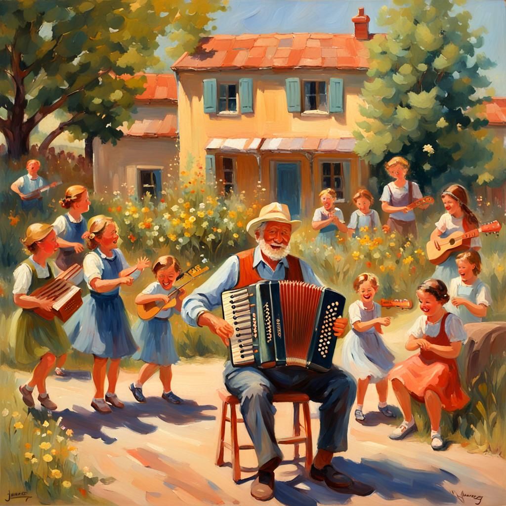 Joyful Village Scene in Impressionist Oil Painting Style