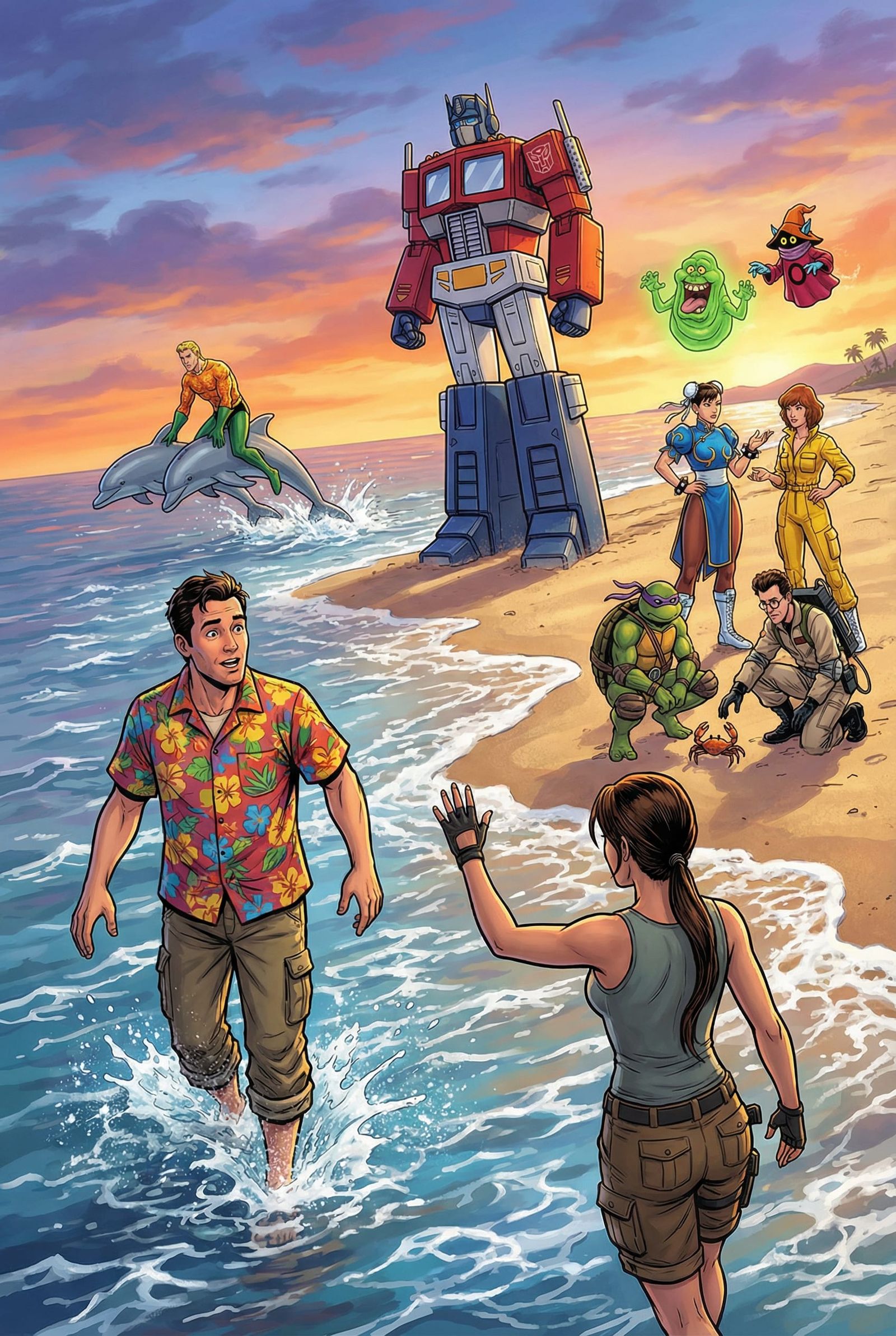 Surreal Beach Encounter with Iconic Characters