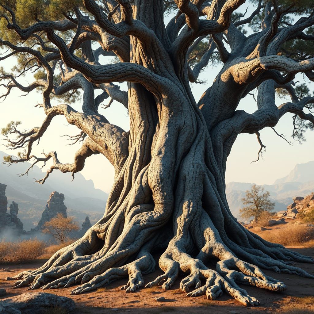 Ancient Juniper Tree in Serene Landscape