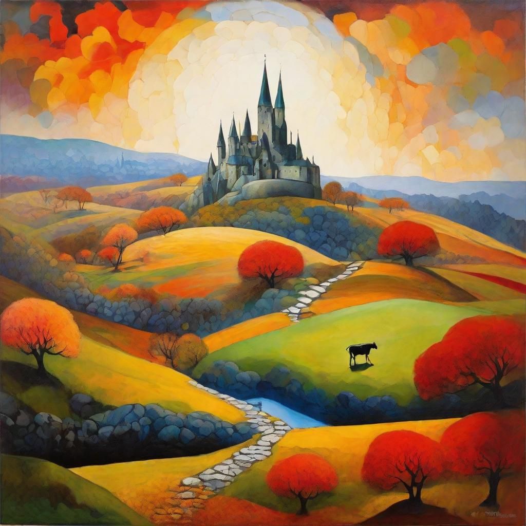 Ethereal Autumn Scene with Floating Stairs Bridge and Castle