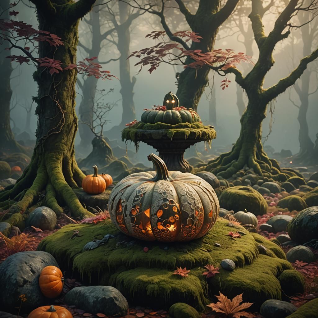 Ancient Lace Adorns a Glowing Pumpkin on a Mossy Pedestal
