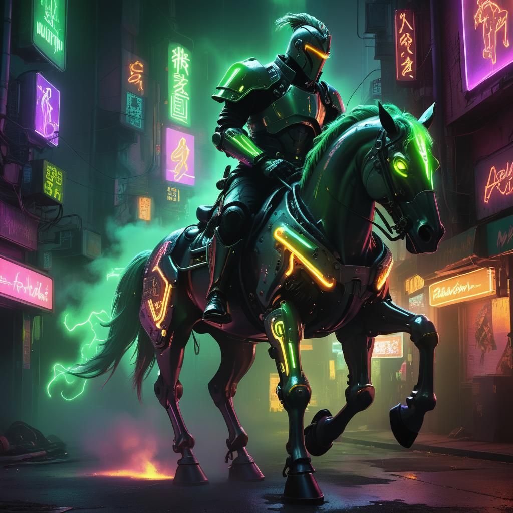 Cyberpunk Paladin Rides Mechanical Horse in Neon-Lit Alleywa...
