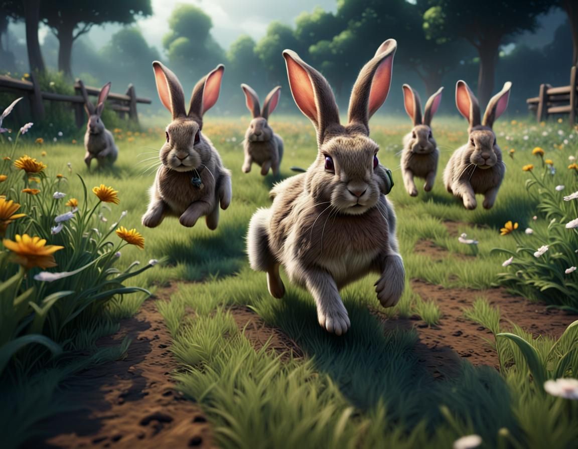 Rabbits in a Vibrant Summer Landscape