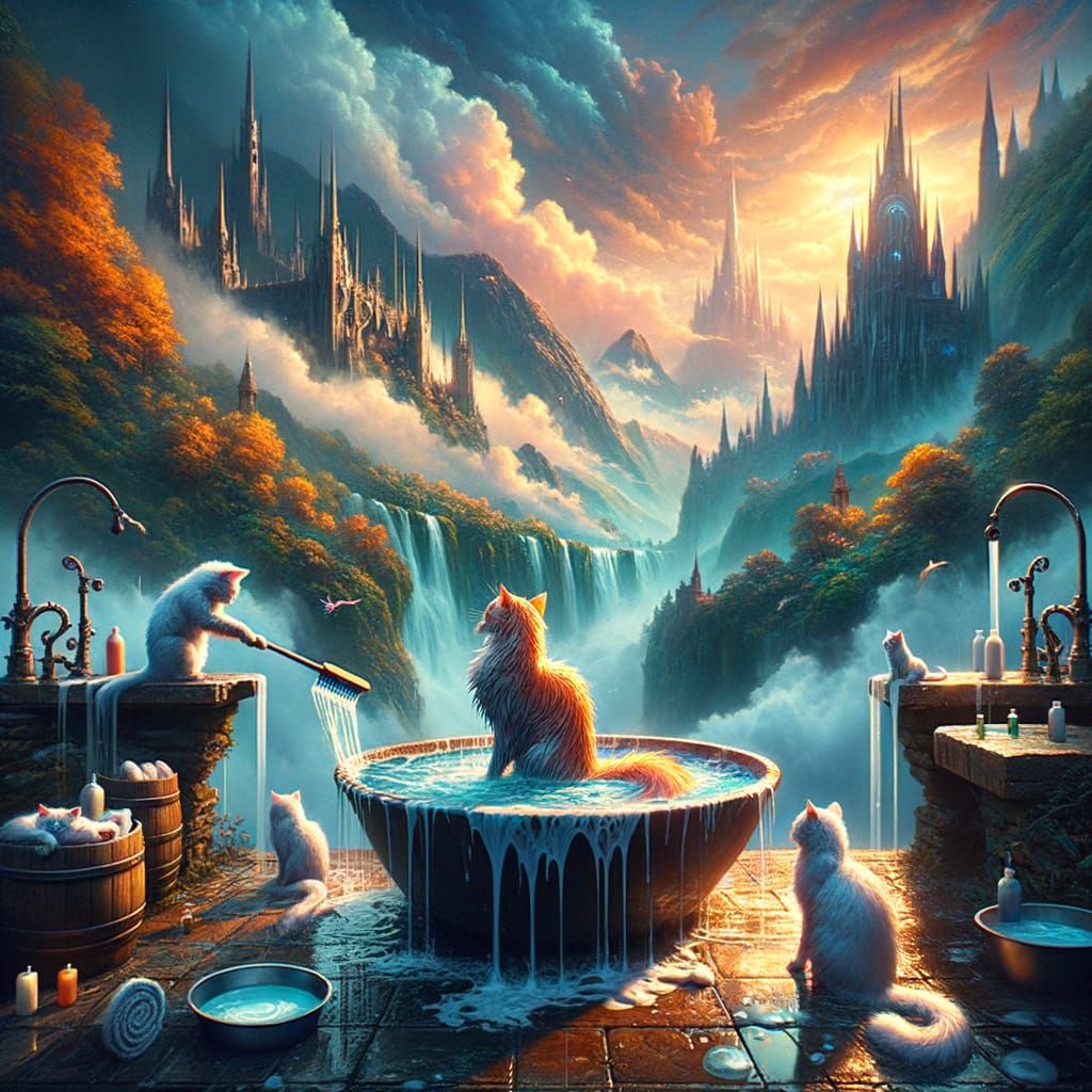 Fantastical Guide to Cat Bathing, Matte Painting Style