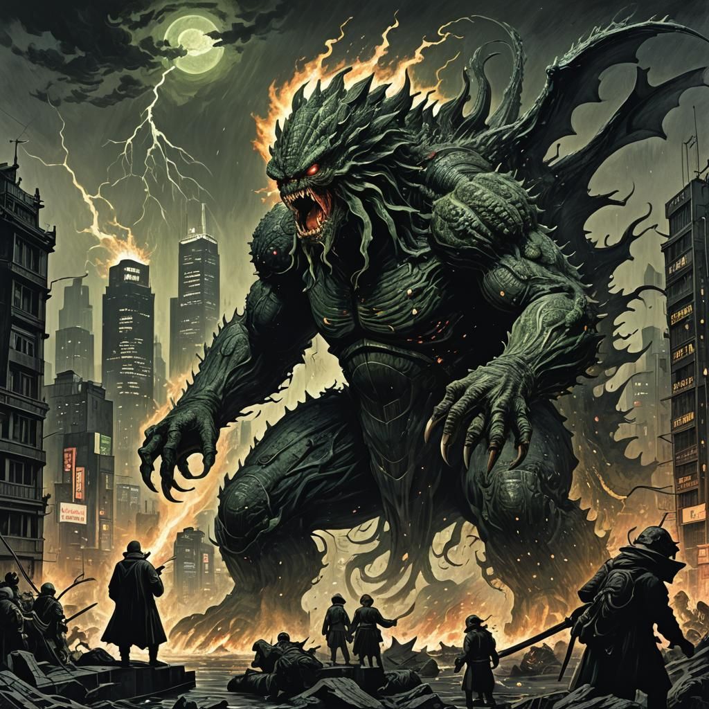 Cthulhu Godzilla Smashes Tokyo in Cyberpunk Horror