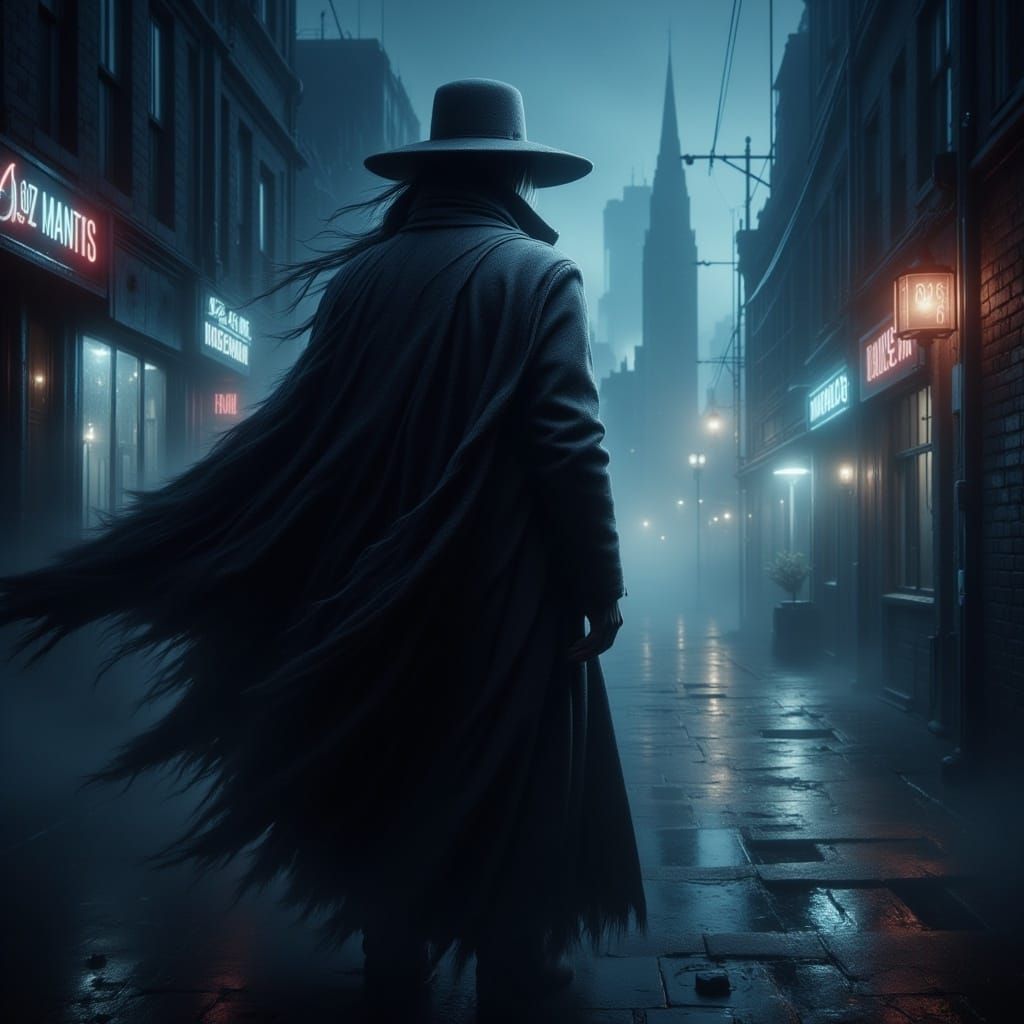 Mysterious Figure in Rainy City at Dusk