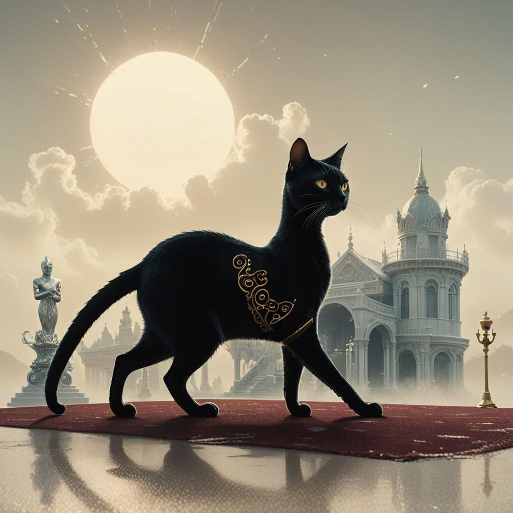 Elegant White Cat Stands on Red Carpet with Oscar