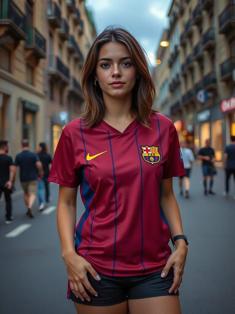 Stunning Brunette in Barcelona Jersey at Dusk