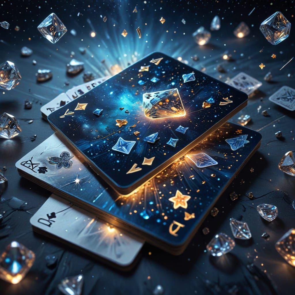 Surreal Playing Cards Fall in Night Sky Oil Painting