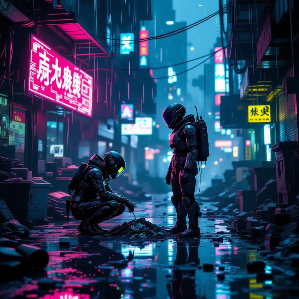 Cyborg Scavenger in Neon Junkyard