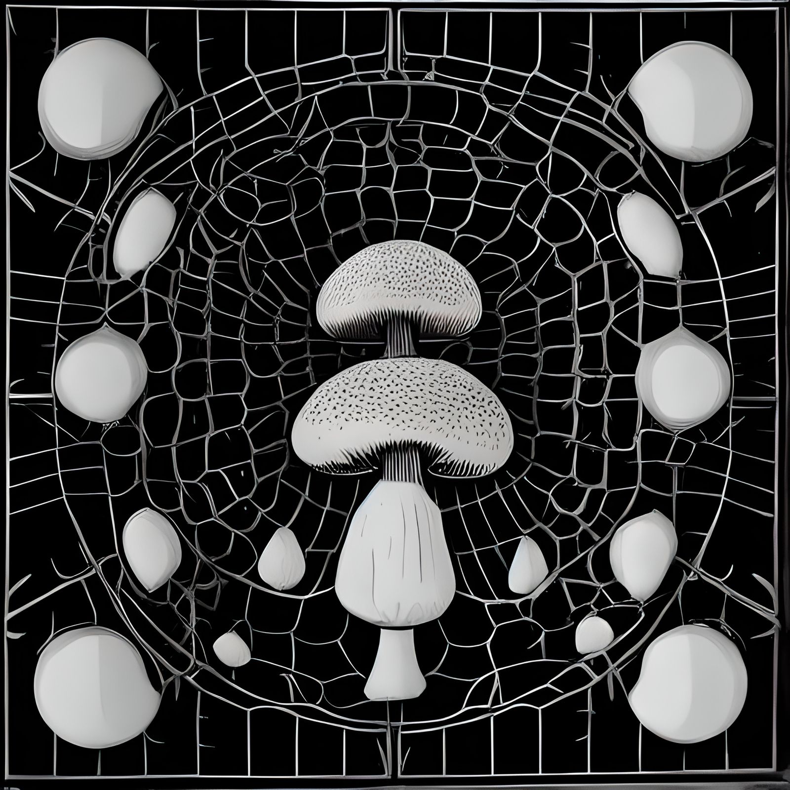 Fly Agaric Mushrooms in Black and White Linocut Style