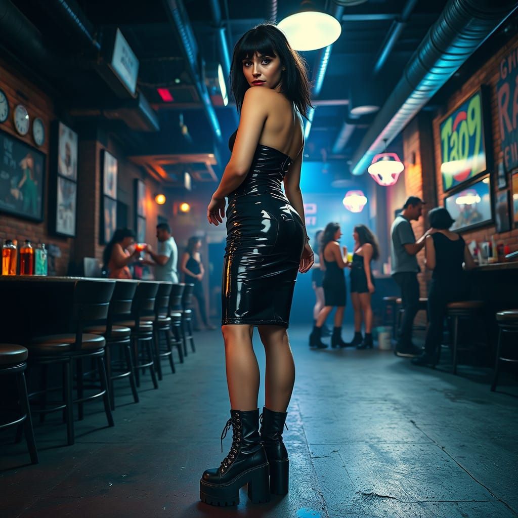 Sultry Woman Shines in Dark Industrial Bar