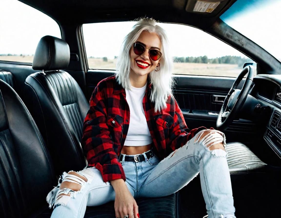 90s Style Girl Sitting in Car Interior