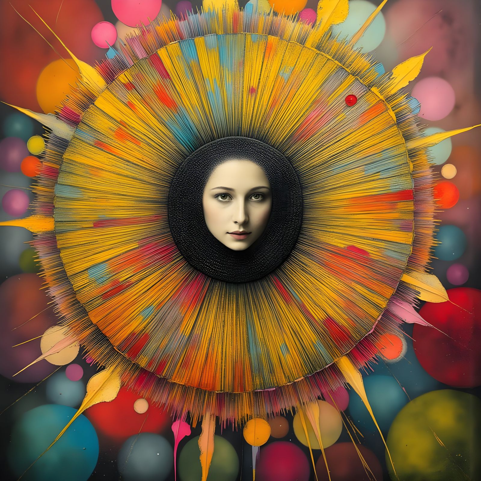 Woman with Geometric Cheekbones and Flower Body in Mixed Med...