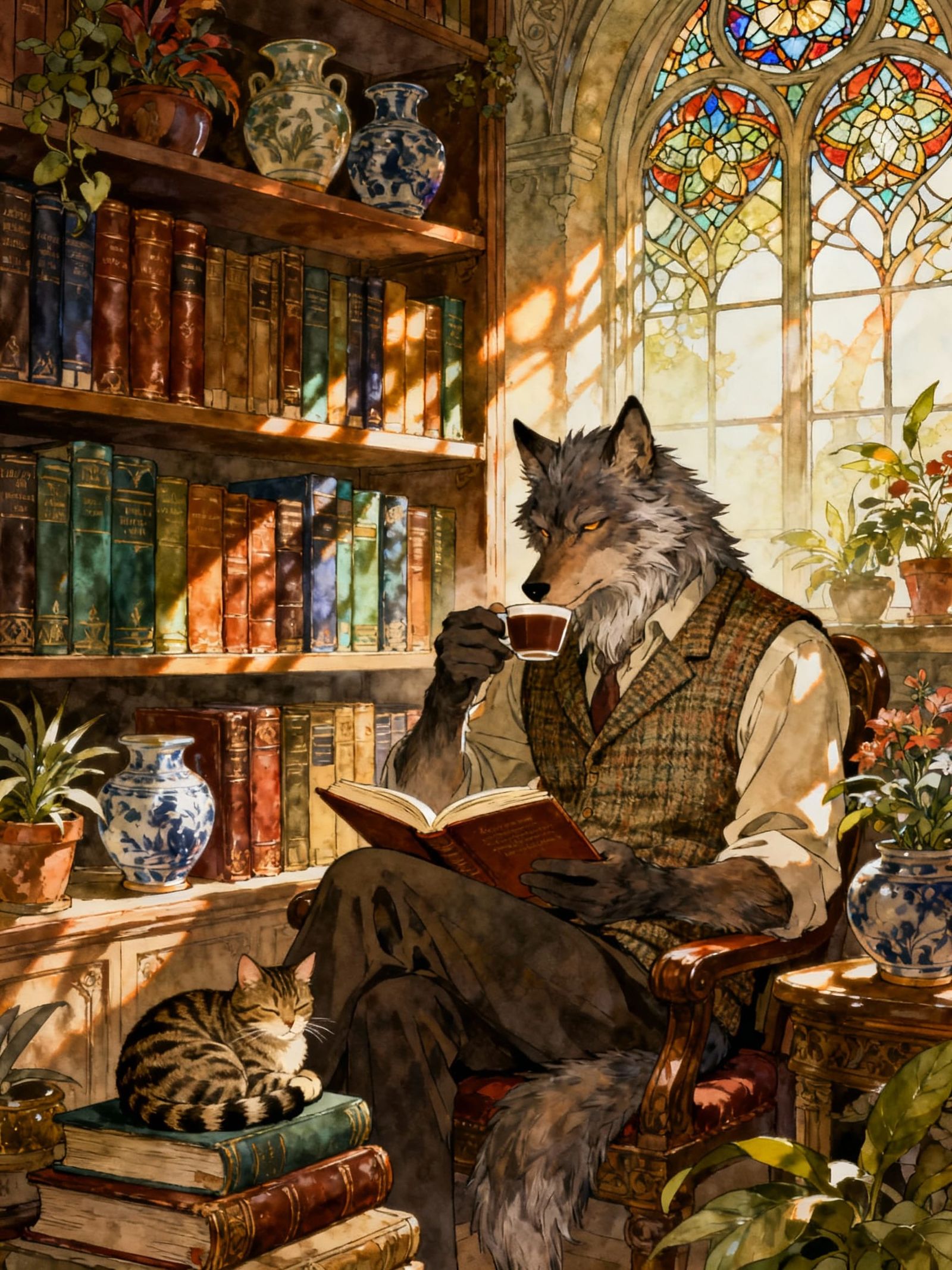 Art Nouveau Werewolf Reading in Ancient Library