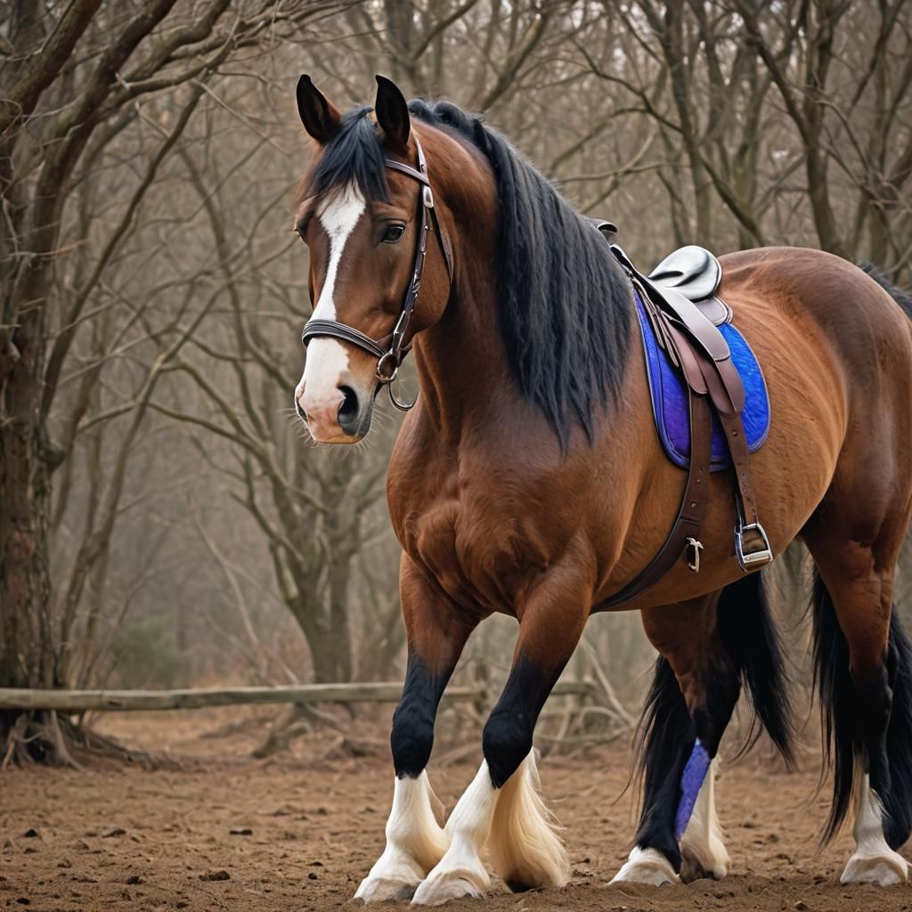 Majestic Bay Clydesdale Stallion in Elegant English Saddle