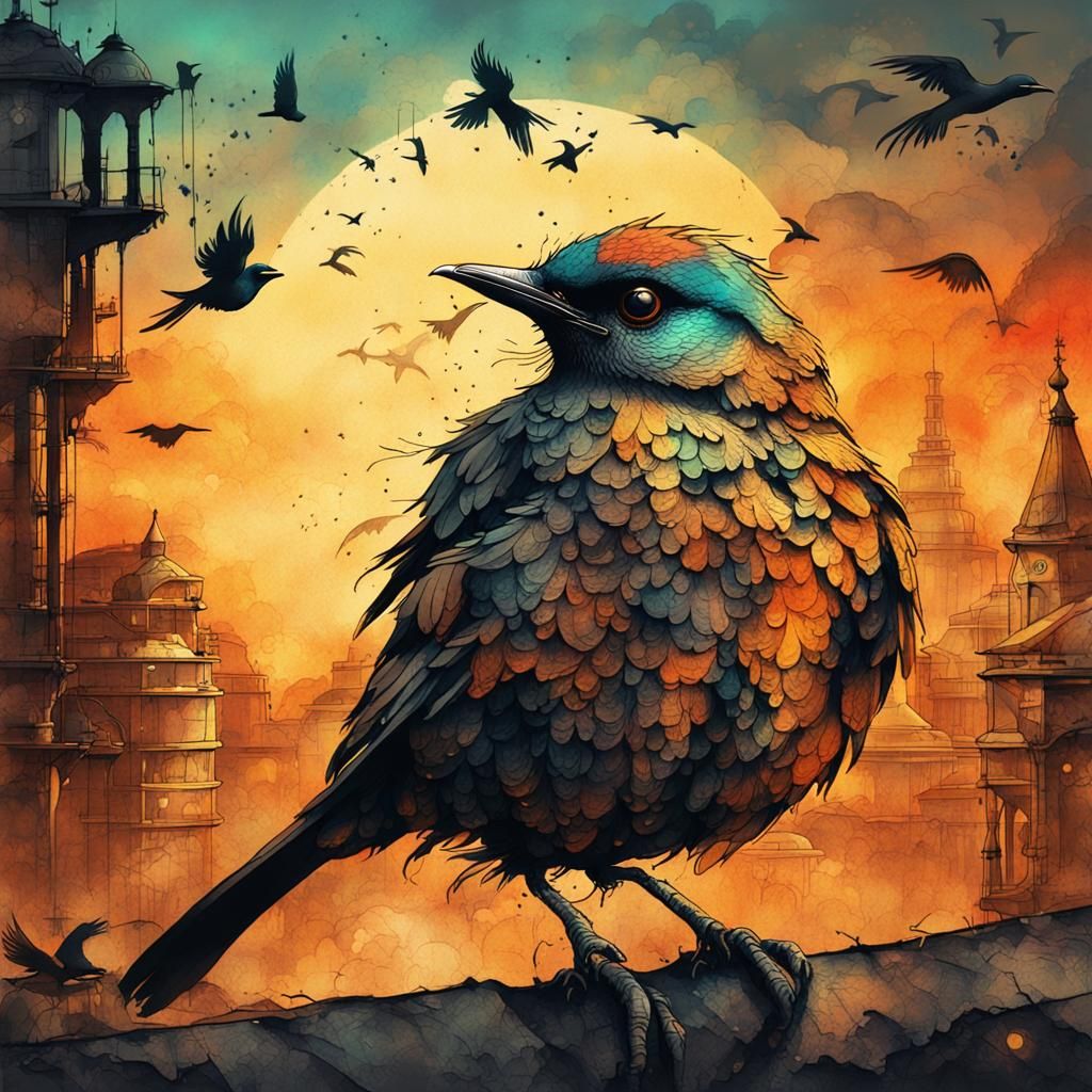 Birds at Sunset: Steampunk Ink Painting