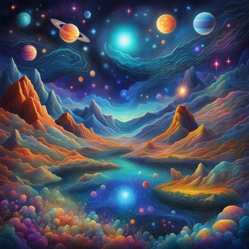 Cosmic Astral Nightscapes in Vibrant Mixed Media