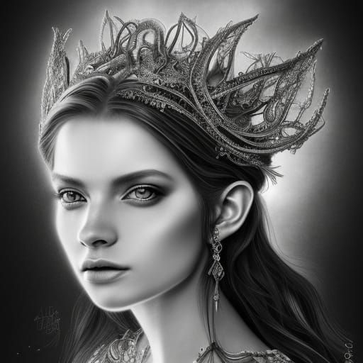 Hyperdetailed Fairy Queen in Elegant Pencil Sketch