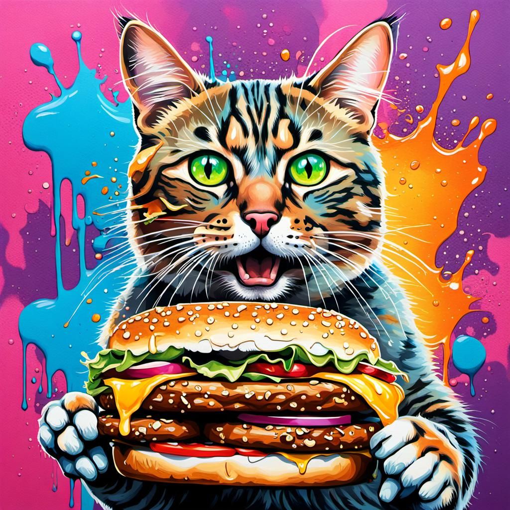 Vibrant Urban Masterpiece: A Cat's Burger Feast in Graffiti...