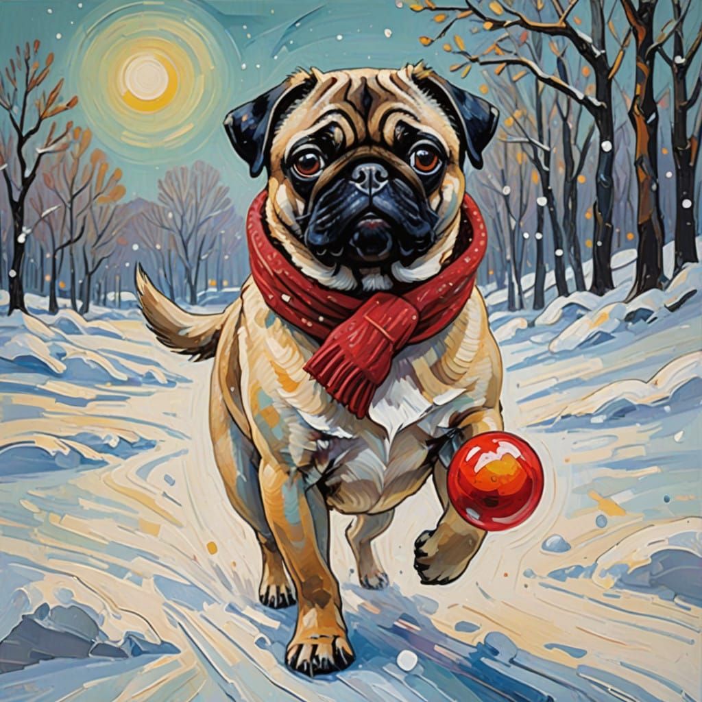 Joyful Pug Plays in Winter Wonderland