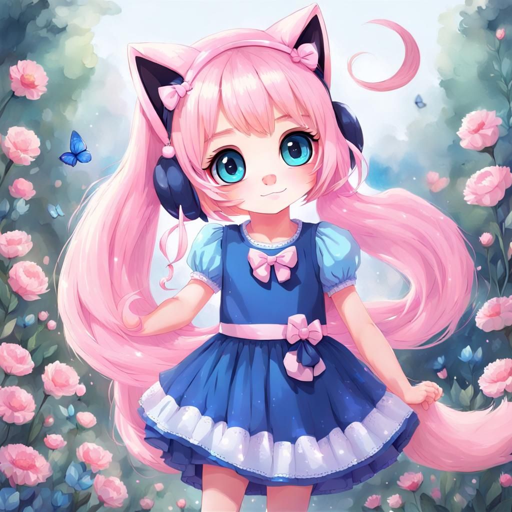 Kawaii Cat Girl in Pastel Dress