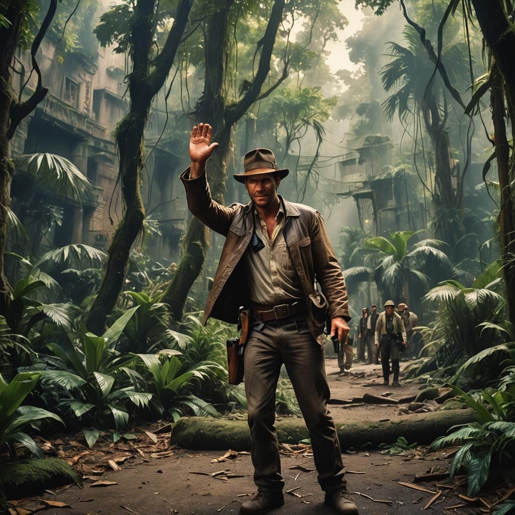 Indiana Jones Waving to Han Solo in a Vibrant Jungle Metropo...