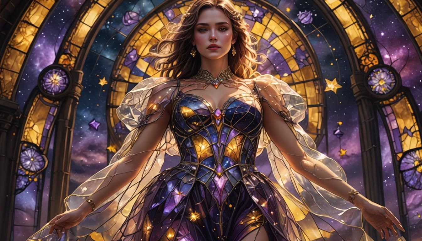 Stained Glass Fantasy Woman in Dazzling Night Sky