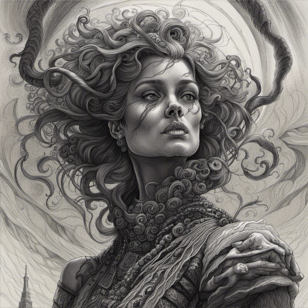 Baroque Heroine in Synthwave Desert, Charcoal Drawing