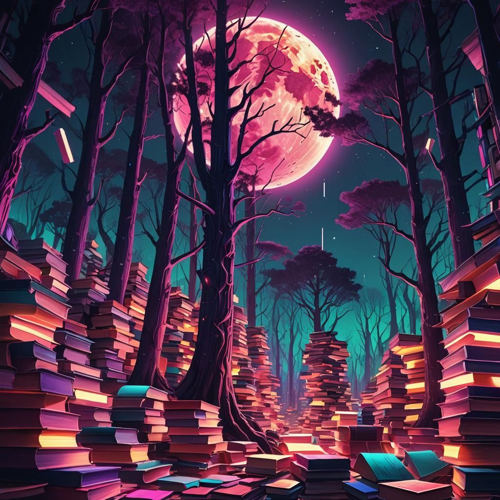 Cyberpunk Neon Forest of Glowing Bookshelves