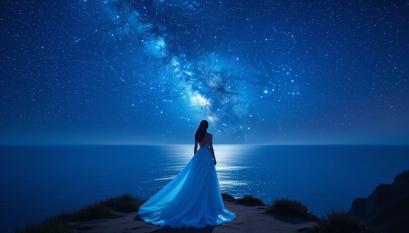 Woman Gazing at Starry Ocean in Blue Gown