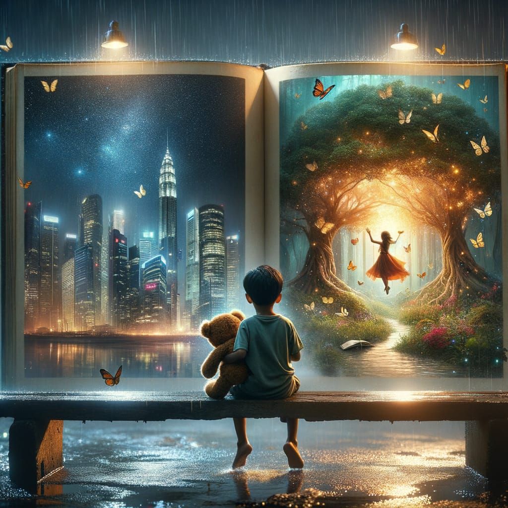 Boy Reads Magical Storybook in Enchanted Rain Scene