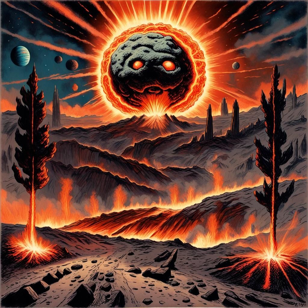 Apocalyptic Pinup Art: Asteroid Impact in Fiery Dystopian La...